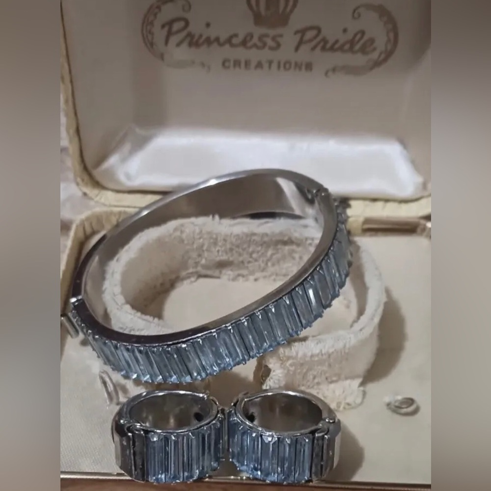 Vintage Princess Pride Baguette Ice Blue Crystal Hinged Bracelet + Earrings Nice